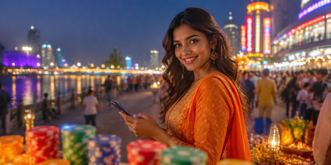 Nighttime view of Ahmedabad riverfront and lottery bustling market