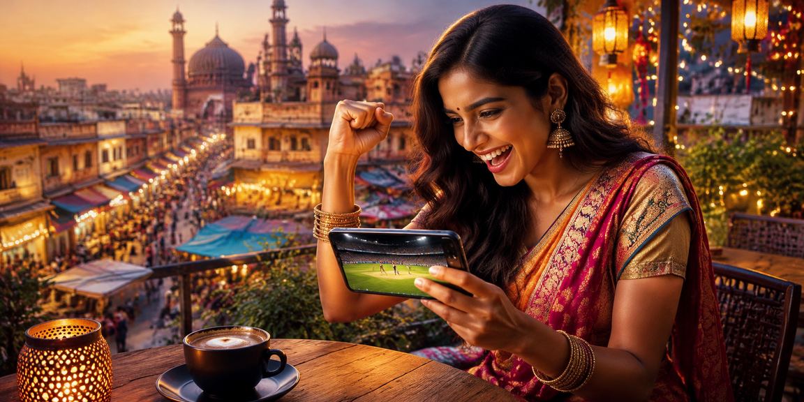 Indian sports betting user concentrating on live cricket match using mobile